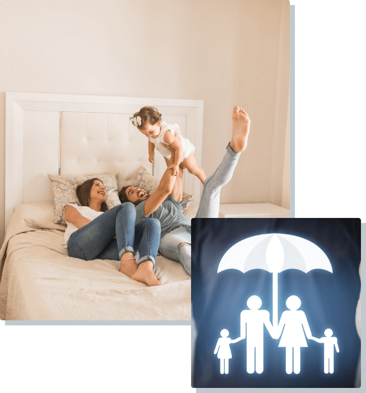 Familia protegida con sombrilla